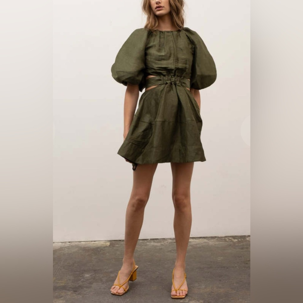 Moon River Olive Green Puff Sleeve Dress